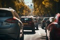 long traffic jams in the city from cars idling and polluting the air with exhaust gases, the concept of road transport and Royalty Free Stock Photo