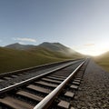 Long train track with three rails running through mountains, sun shining in the sky background