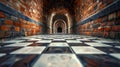 Checkered pattern floor along brick wall tunnel with arched ceilings Royalty Free Stock Photo
