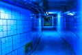 long empty tunnel with pipes and utilities on the ceiling, blue neon lights