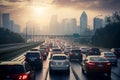 a long urban traffic jam of cars in the evening,idling in smog and polluting the air with exhaust emissions,the concept of Royalty Free Stock Photo