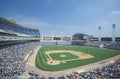 Long view of Baseball diamond and bleachers during professional Baseball Game, Comiskey Park, Illinois Royalty Free Stock Photo