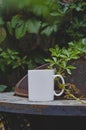 A long view of a blank white coffee cup on the vine covered fire pit Royalty Free Stock Photo