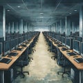 Long View of a Modern Office Workspace with Rows of Computers and Chairs An illustration depicting a large empty office space Royalty Free Stock Photo