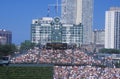 Long view of scoreboard and full bleachers during a professional baseball game, Wrigley Field, Illinois