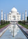 Long view on Taj Mahal mausoleum with reflection in canal at Ind