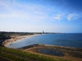 A long view of Tynemouth longsands and the old outdoor swimming pool