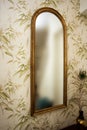 Long vintage mirror on wall with wallpaper and peacock feather antique retro design Royalty Free Stock Photo