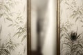 Long vintage mirror on wall with wallpaper and peacock feather antique retro design Royalty Free Stock Photo