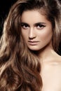 Long volume shiny hair, make-up. Fashion beautiful model face