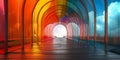A long walkway with a rainbow colored tunnel in the middle, AI