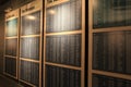 Long wall with plaques listing names of refugees, Safe Haven Museum, Oswego, New York, 2016
