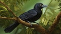 Long-wattled umbrellabird perched on a branch in the forest. Generative Ai