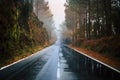 Long way road in the mountain with forest trees wood around and fog or clouds at the end like fog bad weather - rain on the Royalty Free Stock Photo