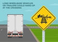 Long wheelbase vehicles or trailers could hang-up at the crossings. Back view of a truck on road.