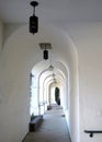 Long white corridor with arches. Santa Barbara, CA, USA Royalty Free Stock Photo