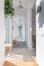 White corridor with modern lightning, wooden furniture, green plant and armchair Royalty Free Stock Photo