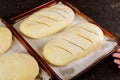 Long white loaf bread in pan ready for baking Royalty Free Stock Photo