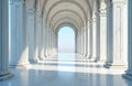 Long white marble colonnade walkway with arched ceiling and bright sunlight. Endless symmetrical architectural corridor interior Royalty Free Stock Photo