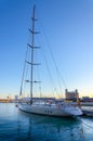 Long white yacht moored in port of Tarragona, Spain