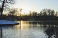 A long wide bridge in the cold winter park Royalty Free Stock Photo