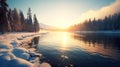 long wide river in winter, sunset scenery Royalty Free Stock Photo