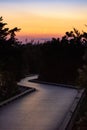 Long winding boardwalk leading to a vibrant dusk sky with a crescent moon. Fire Island Long Island