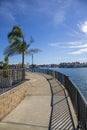 A long winding concrete footpath with a black metal handrail, lush green palm trees, rippling blue water, boats and yachts Royalty Free Stock Photo