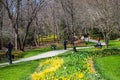 A long winding footpath in the garden with people walking surrounded by lush green grass, colorful flowers, bare winter trees Royalty Free Stock Photo