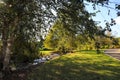 A long winding footpath in the park with a man walking a dog along a river flowing over ricks surrounded by lush green trees, gras