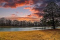 A long winding footpath in the park surrounded by yellow winter grass, bare winter trees, lush green trees with red sky Royalty Free Stock Photo