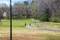 A long winding footpath with a yellow line in the park surrounded by lush green grass, tall black light posts with people walking