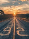 A long, winding road stretches towards the horizon, where the sun bursts forth in a fiery display at dusk, casting a Royalty Free Stock Photo