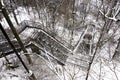 Long winding staircase descending a valley through winter forest Royalty Free Stock Photo