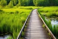 a long winding wooden bridge over a swamp