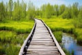 a long winding wooden bridge over a swamp