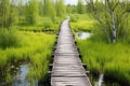 a long winding wooden bridge over a swamp