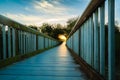 A long wooden boadwalk seems to stretch to infinity. Walkway through the lake and native forest at sunset, Oceano, California Royalty Free Stock Photo