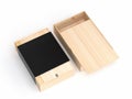 Package wooden boxes with slider cover and additional black craft paper cover wrapping opened and closed for branding and identity