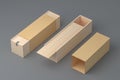 long wooden boxes with slider cover and additional craft paper cover wrapping opened and closed for branding and identity