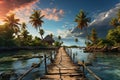 A long wooden dock in the middle of a body of water in exotic island