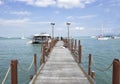 A long wooden pier at the ferry from Koh Samui to Phangan Island in Thailand. A ferry-boat departs from the pier