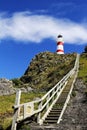 Long wooden staircase leading to a coastal Lighthouse at Cape Palliser in New Zealand Royalty Free Stock Photo