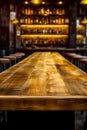 Long wooden table sitting in front of row of bar stools. Generative AI Royalty Free Stock Photo