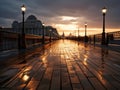 a long wooden walkway in front of a building at sunset