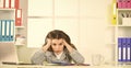 Long working day. tired woman work online on computer. confident office worker. secretary with document folder. formal Royalty Free Stock Photo