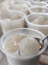 Longan pudding with fresh milk in plastic cup, delicious sweet menu for everyone who loves to eat pudding.