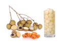 Longan syrup in glass and longan fruit on white background