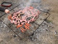 Longanizas, butifarras, lamb ribs and chorizos sausages in a barbecue ready to be cooked