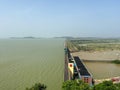 Longest dam in India and asia view by drone. Reservoir water and blue sky. Beautiful sunset over dam. Beautiful scenario.